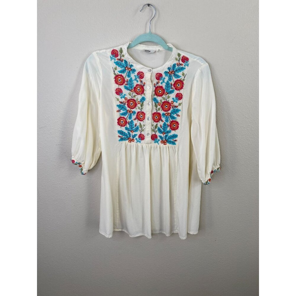Max Womens Ivory Embroidered Rayon Tunic Top XL Rayon Floral Design Scoop Neck